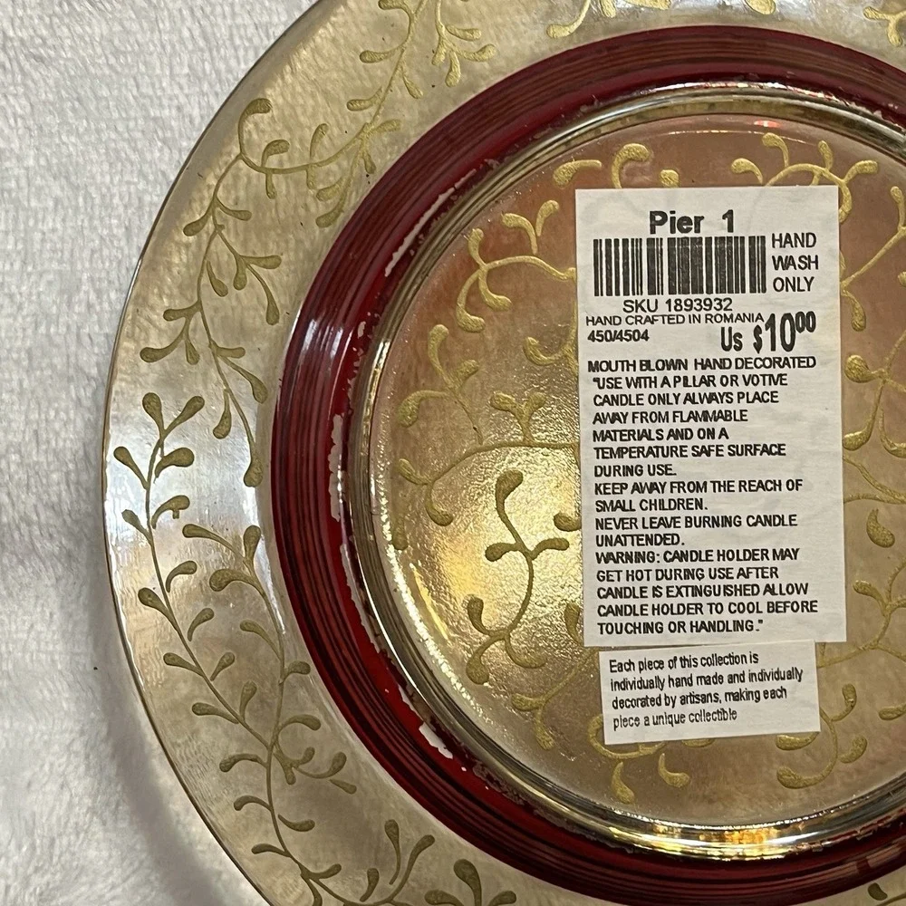 Vtg Pier 1 Rioja Red & Gold Scroll Plate Candle Dish 6